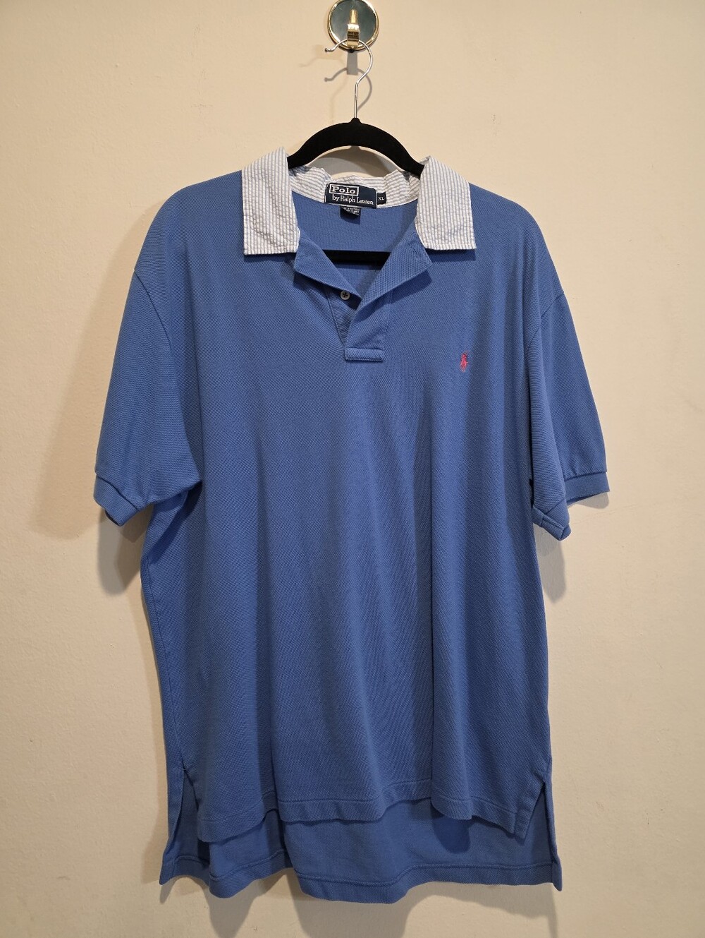 Vintage Polo Ralph Lauren Blue Mesh Polo w/ Contrast Seersucker Collar (XL)